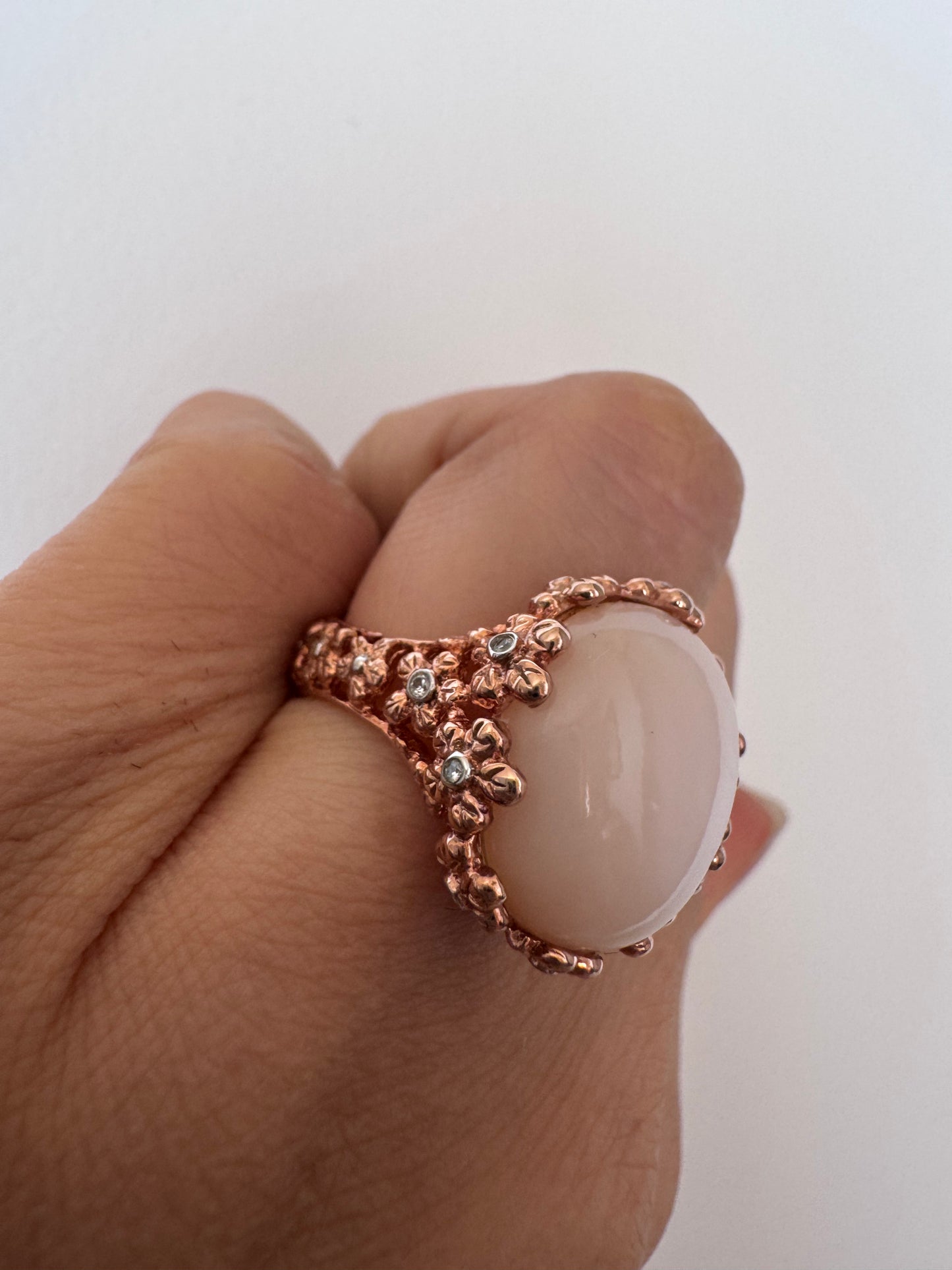 Pink Opal Cab Oval Shape Ring with White Natural Zircon Round Genuine Gemstone in 925 Sterling Silver