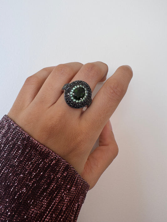 Chrome Diopside Oval Shape & Black Spinel Round Shape Ring With Tsavorite Round Genuine Gemstone in 925 Sterling Silver