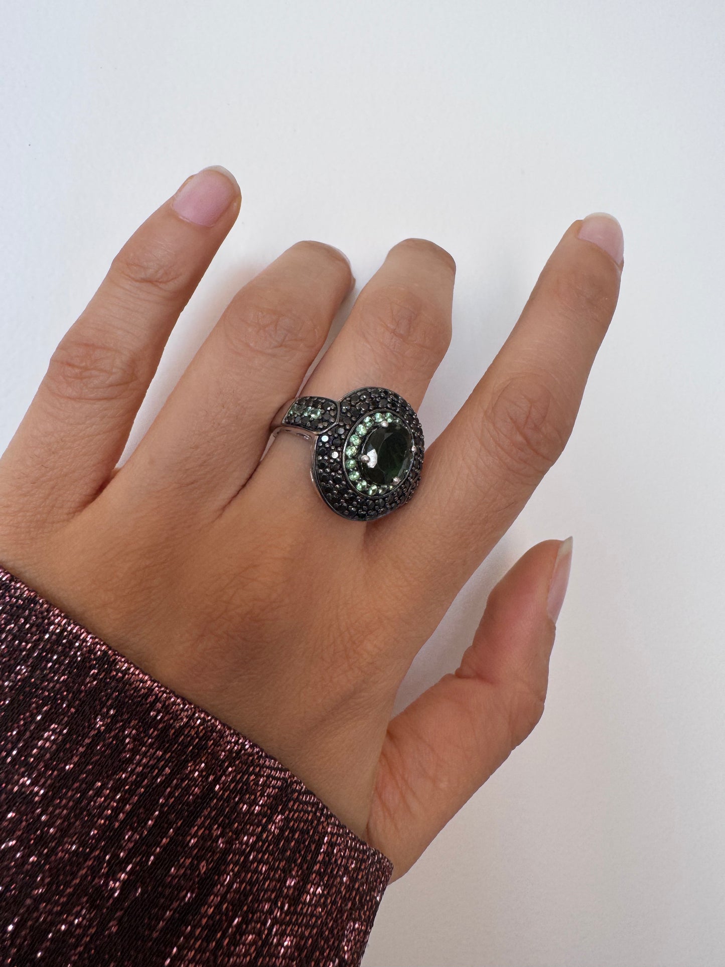 Chrome Diopside Oval Shape & Black Spinel Round Shape Ring With Tsavorite Round Genuine Gemstone in 925 Sterling Silver