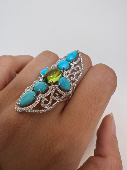 Peridot Cab Oval & Turquoise Cab Round Pear Shape Ring with White Natural Zircon Round Genuine Gemstone in 925 Sterling Silver