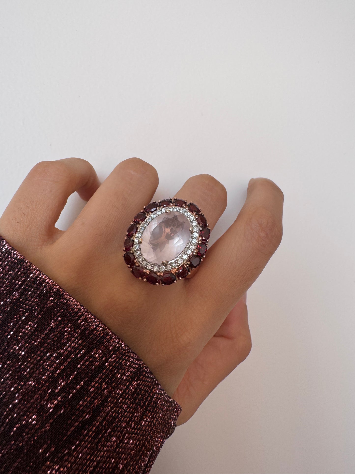 Rose Quartz Oval & Red Garnet Oval Shape Ring with White Natural Zircon Round Genuine Gemstone in 925 Sterling Silver