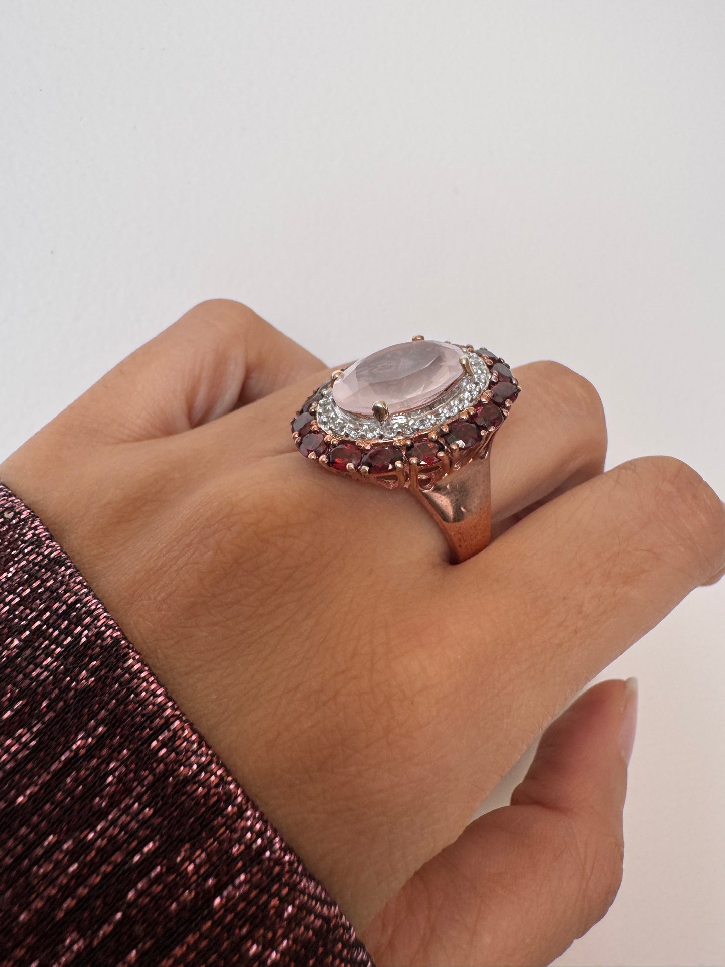 Rose Quartz Oval & Red Garnet Oval Shape Ring with White Natural Zircon Round Genuine Gemstone in 925 Sterling Silver