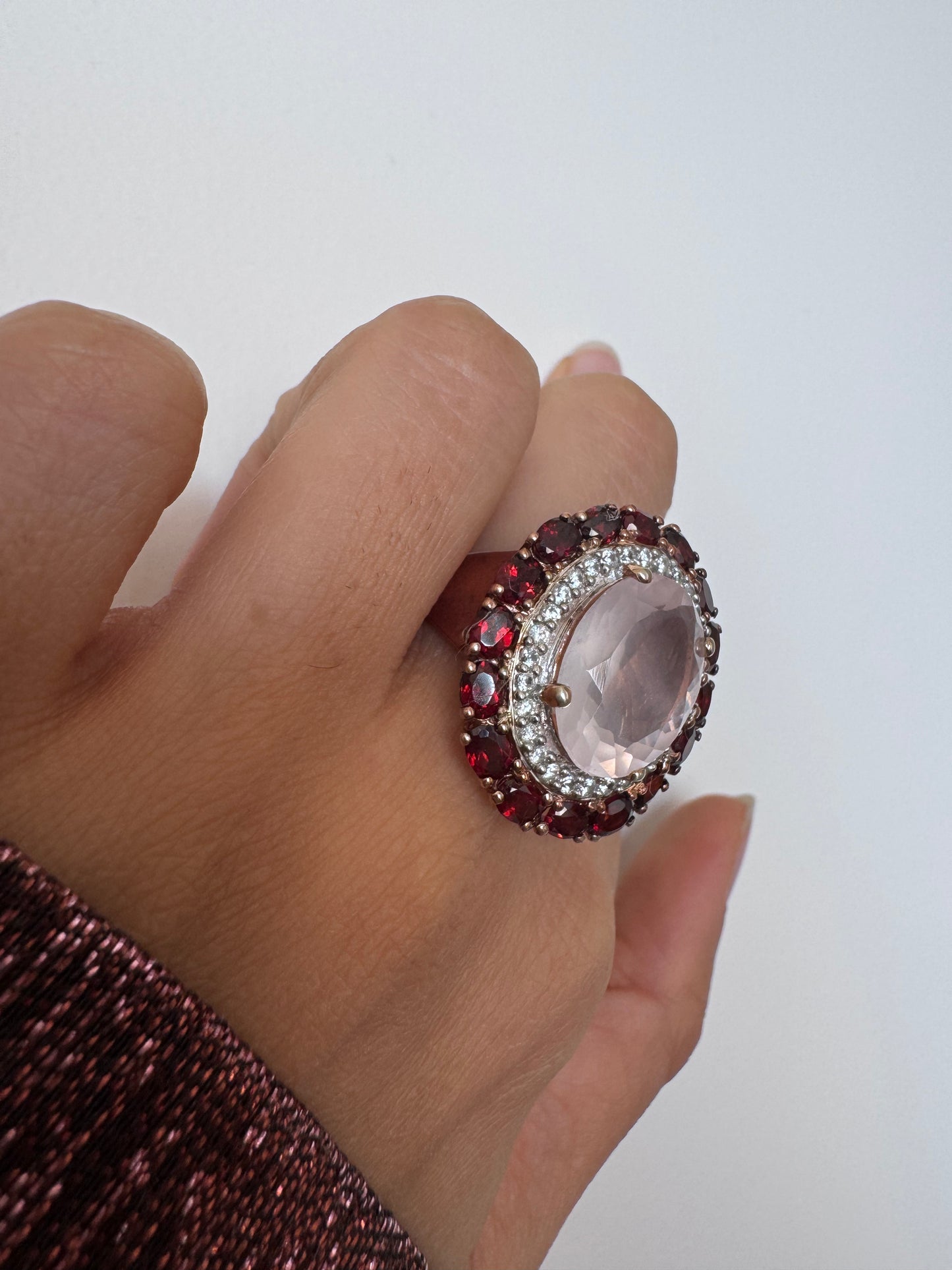 Rose Quartz Oval & Red Garnet Oval Shape Ring with White Natural Zircon Round Genuine Gemstone in 925 Sterling Silver