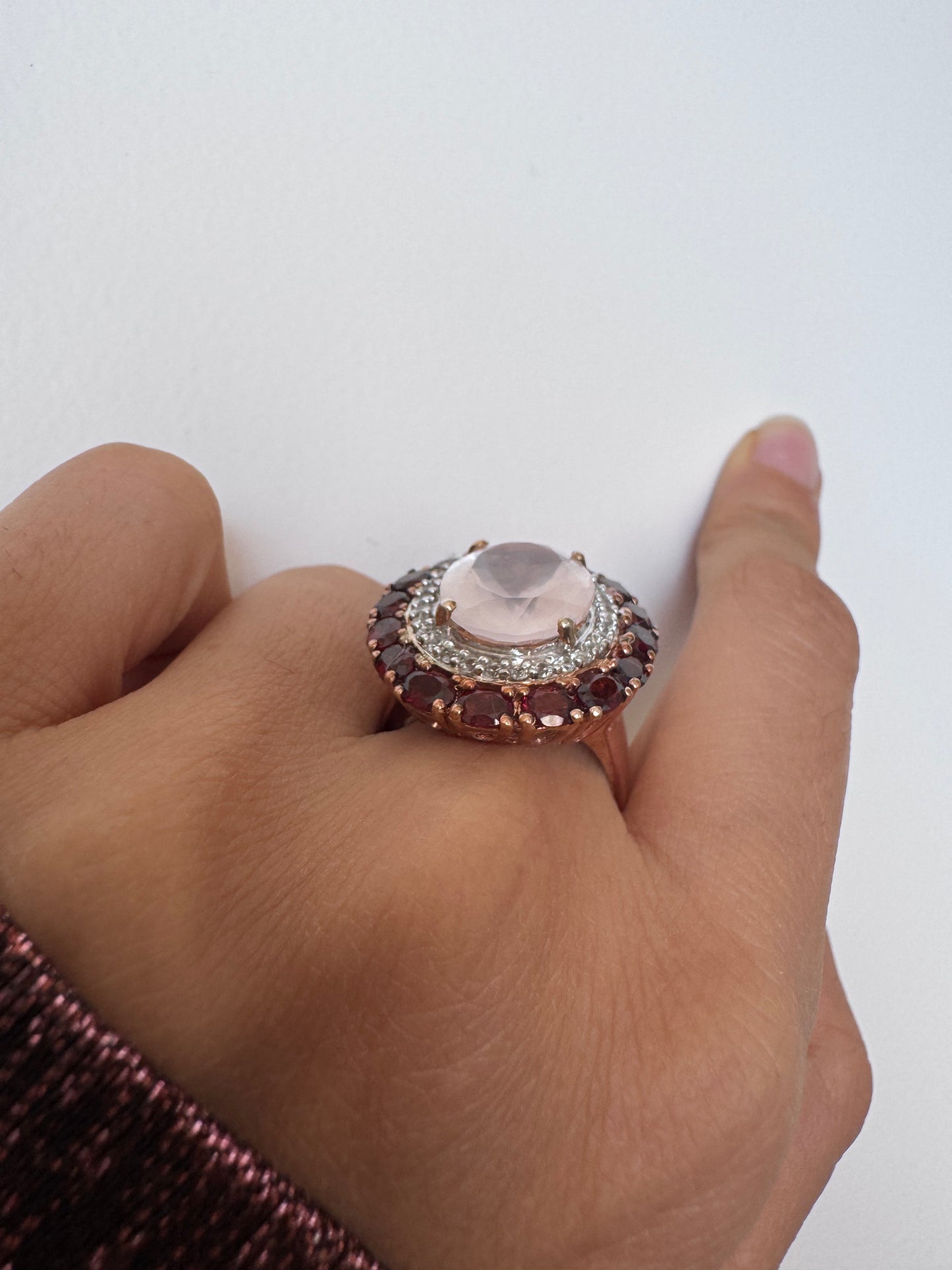 Rose Quartz Oval & Red Garnet Oval Shape Ring with White Natural Zircon Round Genuine Gemstone in 925 Sterling Silver