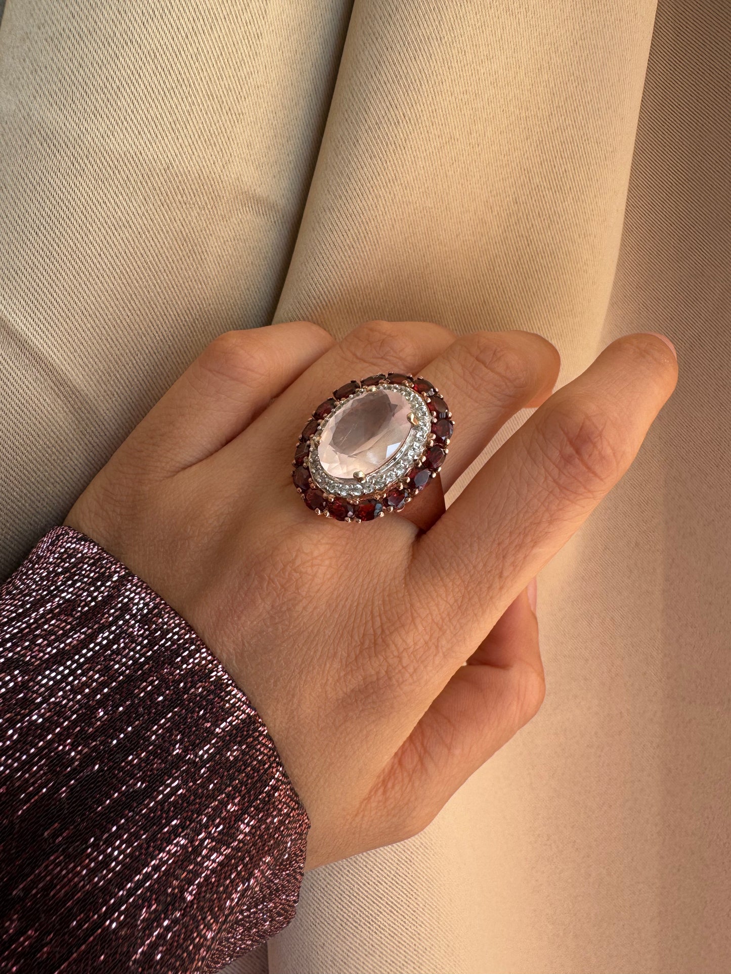 Rose Quartz Oval & Red Garnet Oval Shape Ring with White Natural Zircon Round Genuine Gemstone in 925 Sterling Silver