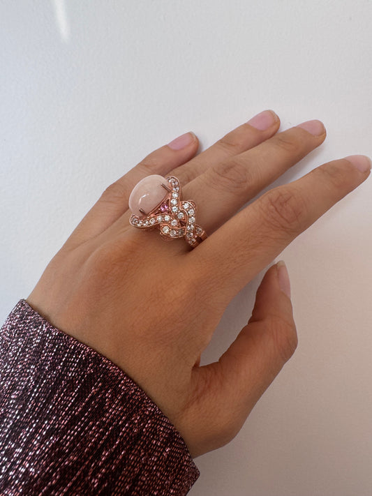 Morganite Cab Oval & Pink Tourmaline Round Shape Ring with White Natural Zircon Round Genuine Gemstone in 925 Sterling Silver