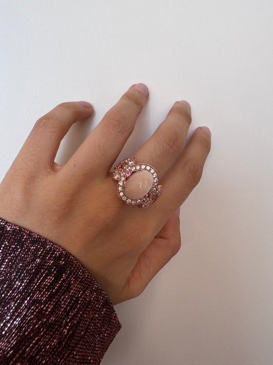 Morganite Cab Oval & Pink Tourmaline Round Shape Ring with White Natural Zircon Round Genuine Gemstone in 925 Sterling Silver