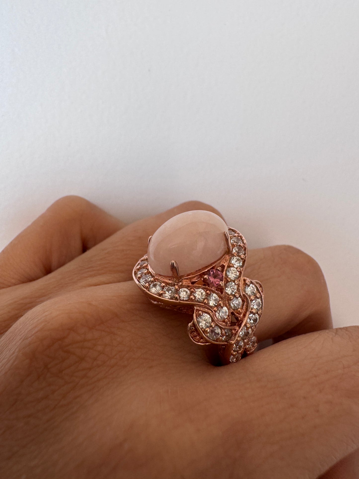 Morganite Cab Oval & Pink Tourmaline Round Shape Ring with White Natural Zircon Round Genuine Gemstone in 925 Sterling Silver