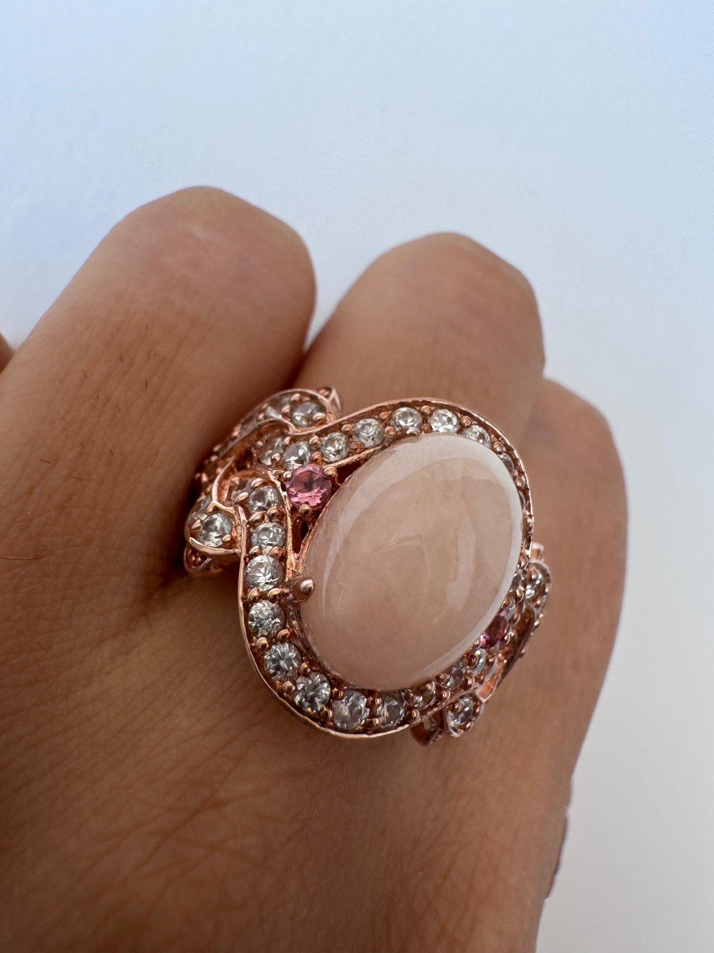 Morganite Cab Oval & Pink Tourmaline Round Shape Ring with White Natural Zircon Round Genuine Gemstone in 925 Sterling Silver