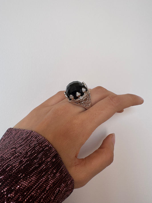 Black Onyx Rose Cut Round Shape Ring with White Natural Zircon Round Genuine Gemstone in 925 Sterling Silver