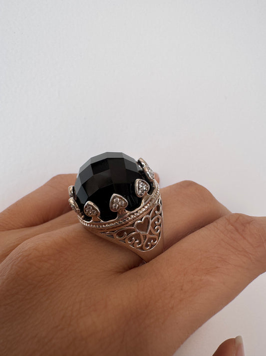 Black Onyx Rose Cut Round Shape Ring with White Natural Zircon Round Genuine Gemstone in 925 Sterling Silver