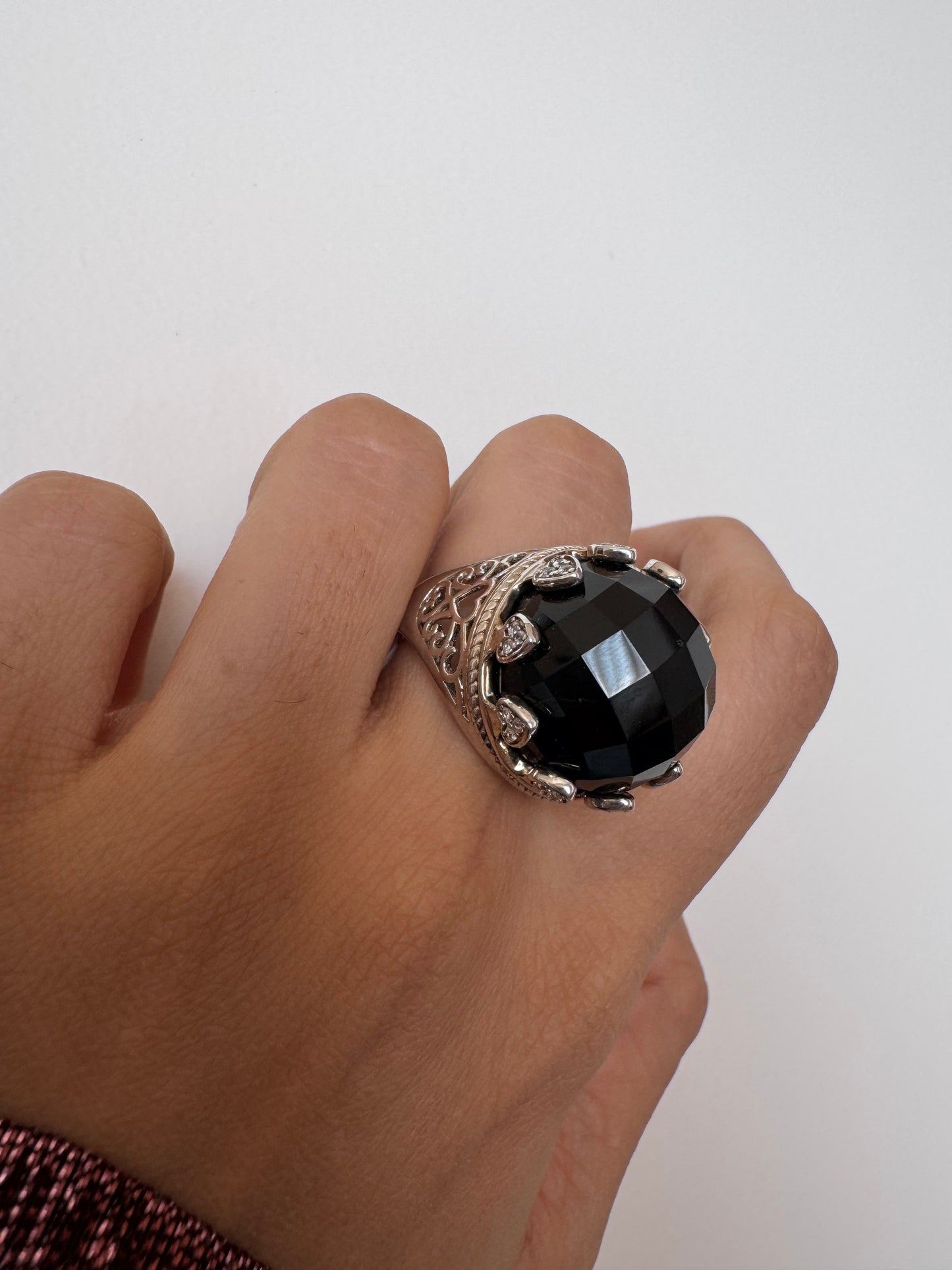 Black Onyx Rose Cut Round Shape Ring with White Natural Zircon Round Genuine Gemstone in 925 Sterling Silver