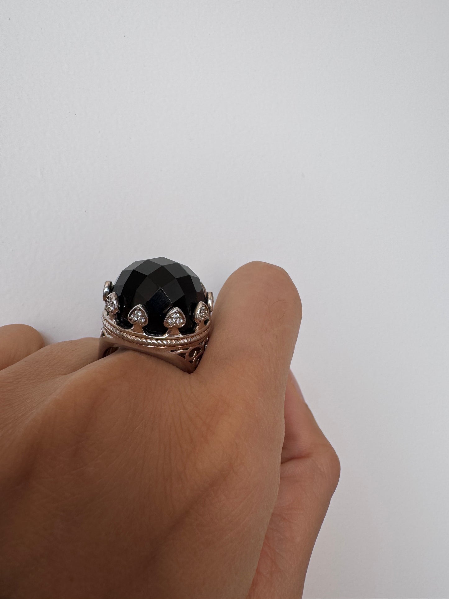 Black Onyx Rose Cut Round Shape Ring with White Natural Zircon Round Genuine Gemstone in 925 Sterling Silver