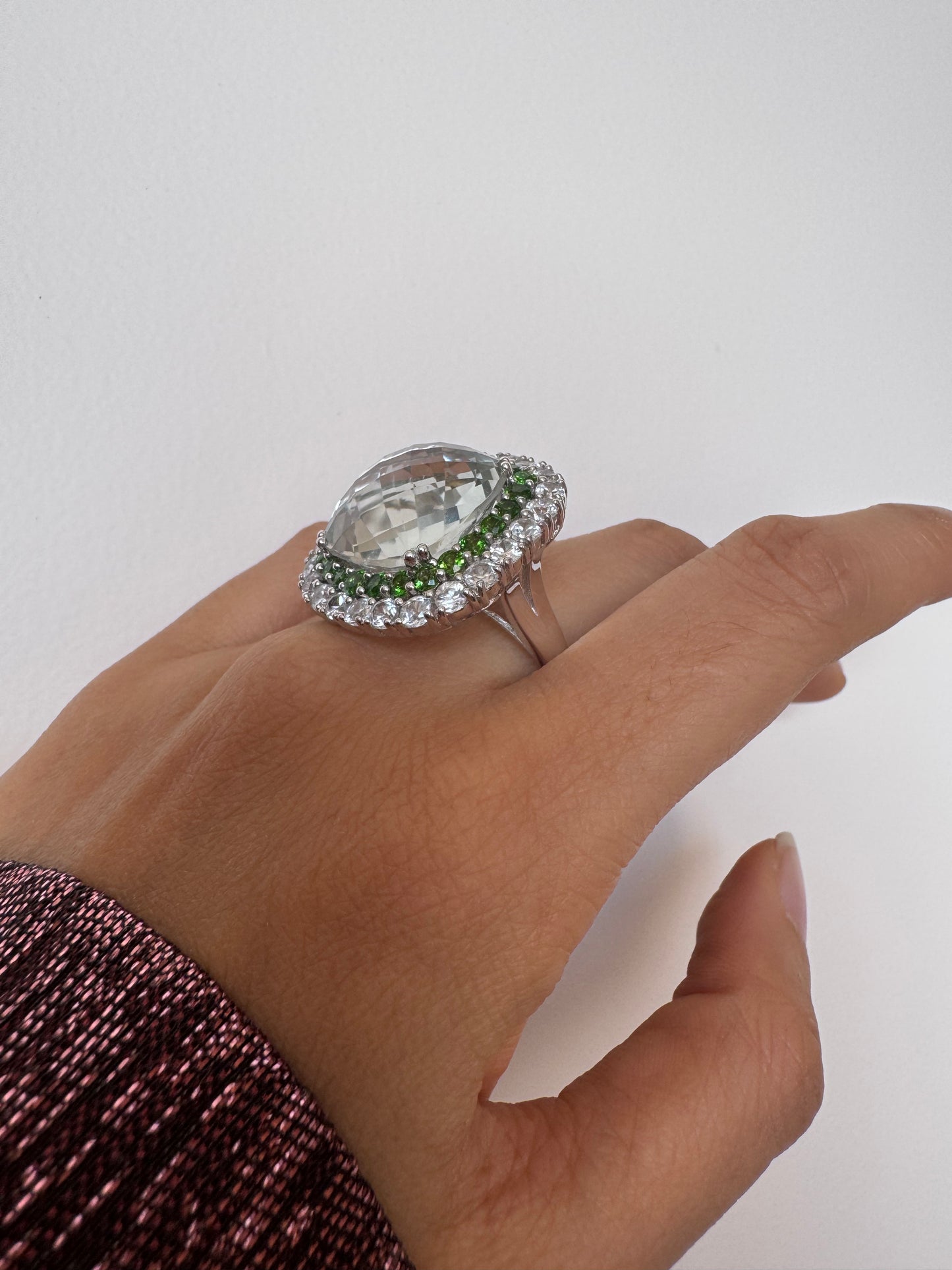 Green Amethyst Cushion & Chrome Diopside Round Shape Ring with White Natural Zircon Round Genuine Gemstone in 925 Sterling Silver