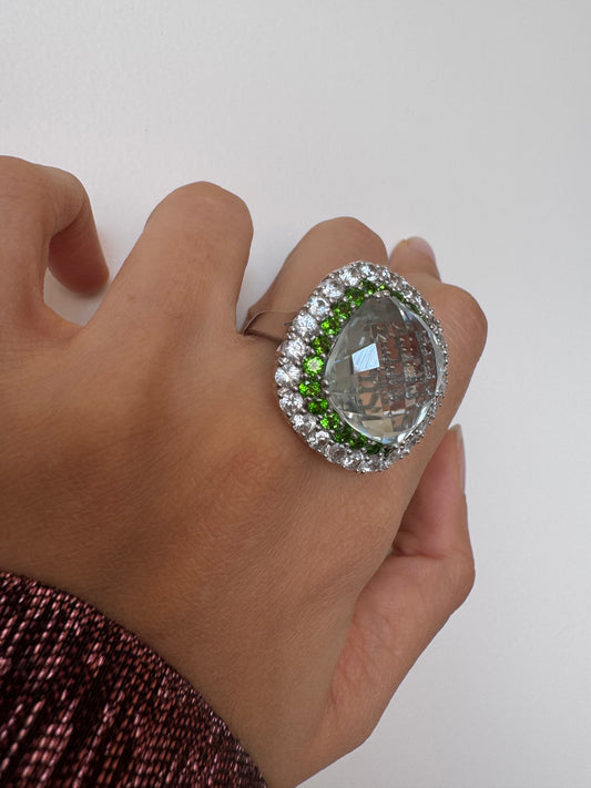 Green Amethyst Cushion & Chrome Diopside Round Shape Ring with White Natural Zircon Round Genuine Gemstone in 925 Sterling Silver