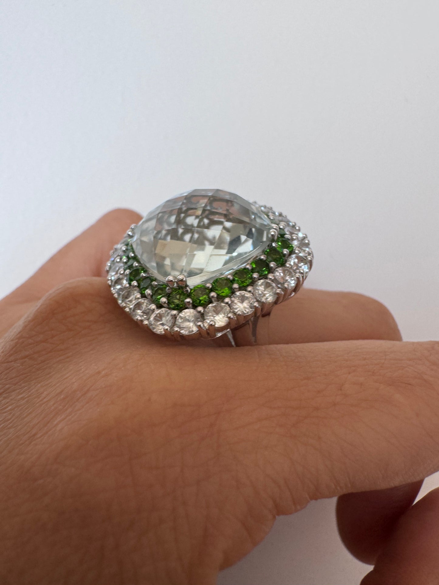 Green Amethyst Cushion & Chrome Diopside Round Shape Ring with White Natural Zircon Round Genuine Gemstone in 925 Sterling Silver