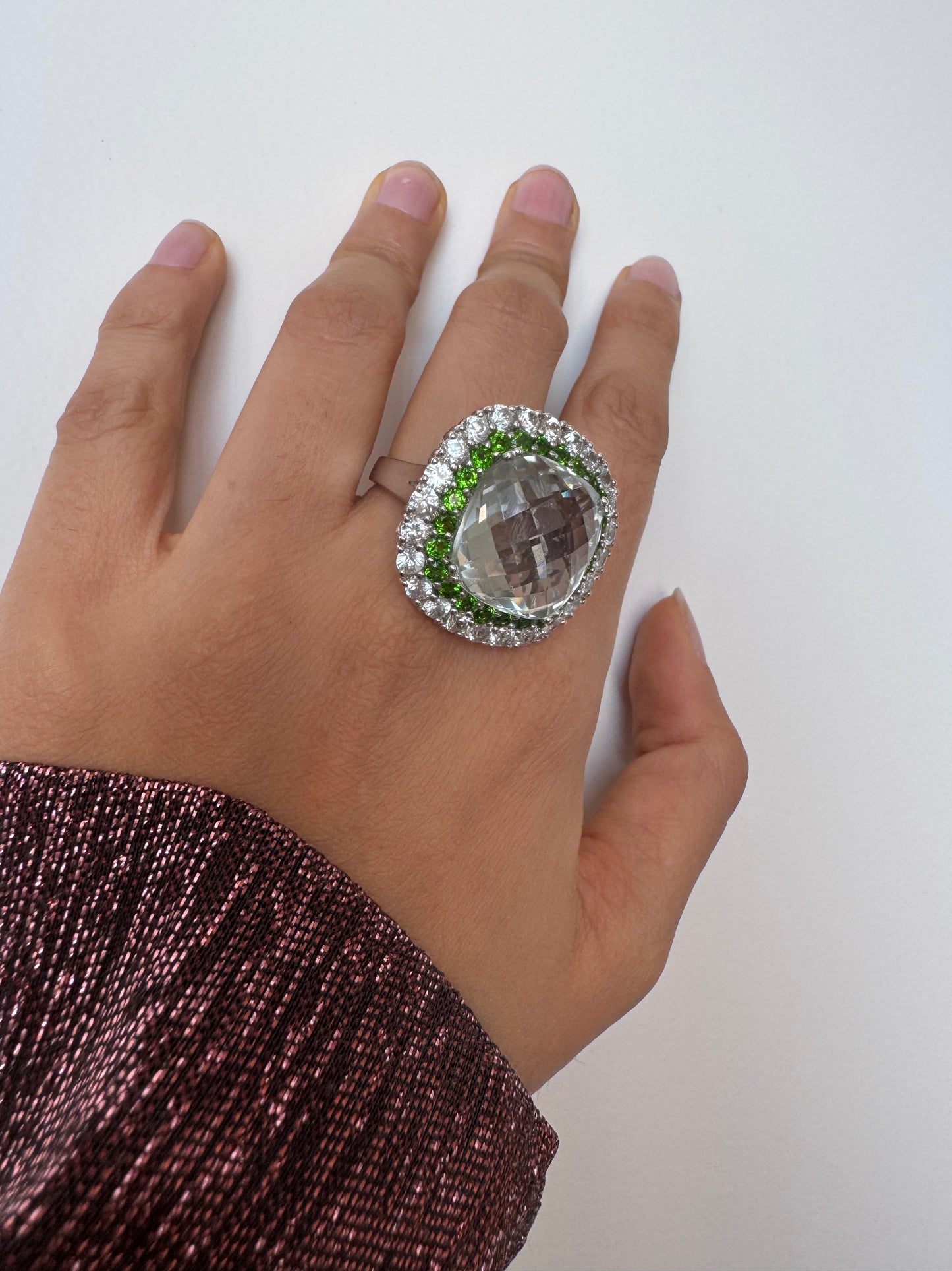 Green Amethyst Cushion & Chrome Diopside Round Shape Ring with White Natural Zircon Round Genuine Gemstone in 925 Sterling Silver