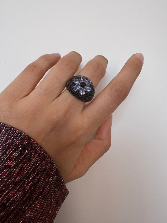 Tanzanite Marquise Shape Ring with Black Spinel Round Genuine Gemstone in 925 Sterling Silver