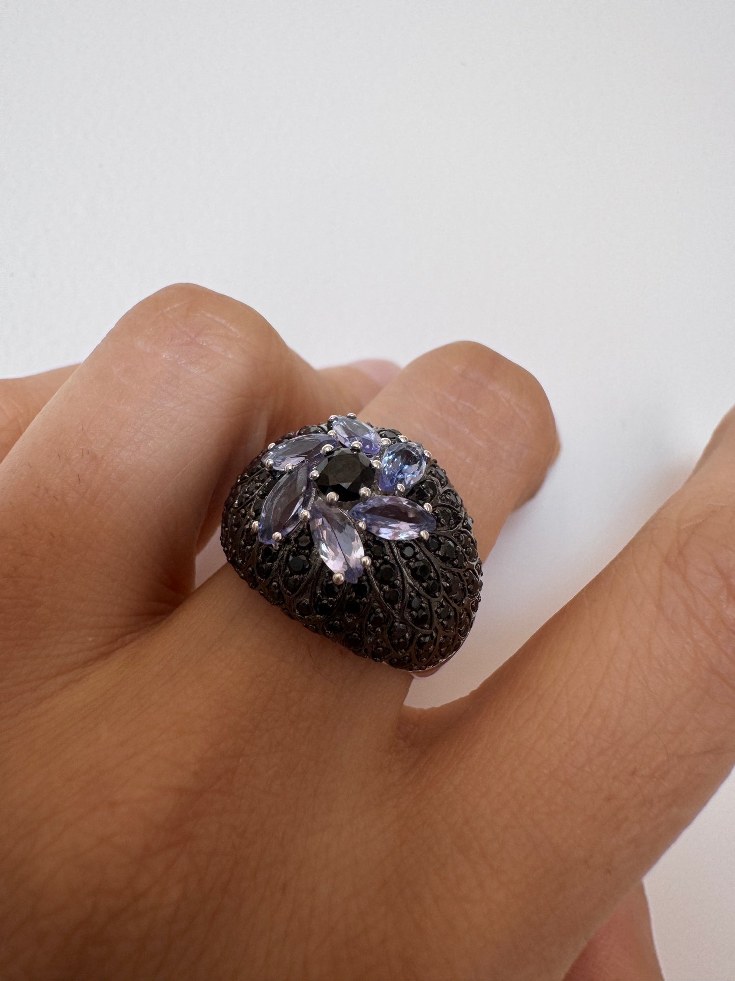 Tanzanite Marquise Shape Ring with Black Spinel Round Genuine Gemstone in 925 Sterling Silver