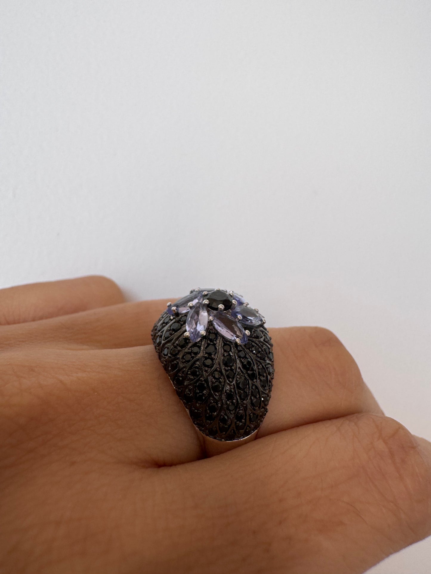 Tanzanite Marquise Shape Ring with Black Spinel Round Genuine Gemstone in 925 Sterling Silver