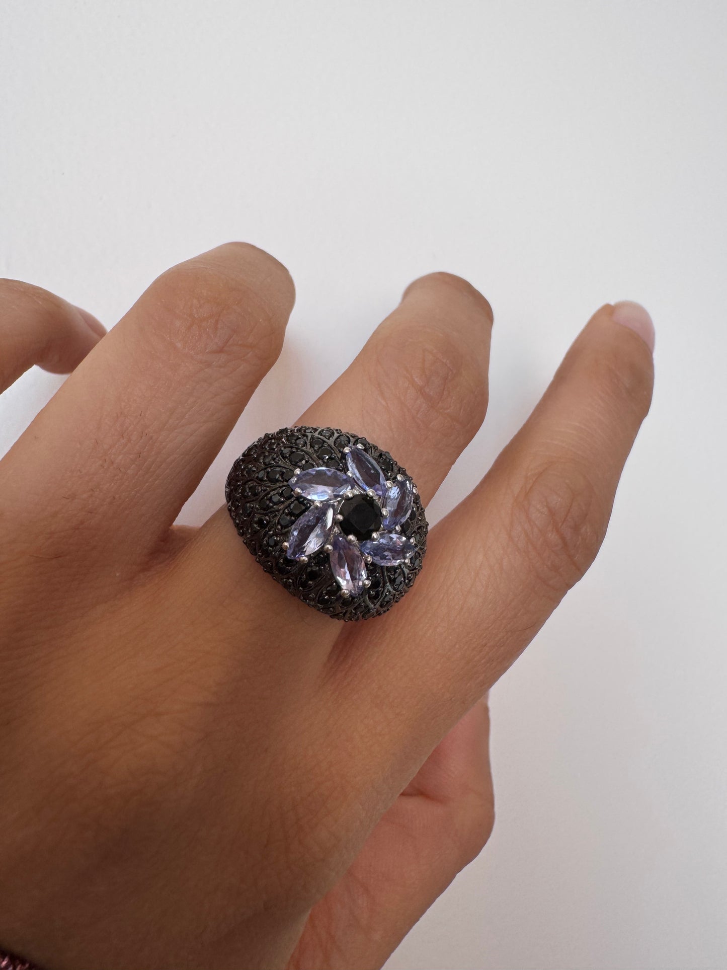 Tanzanite Marquise Shape Ring with Black Spinel Round Genuine Gemstone in 925 Sterling Silver