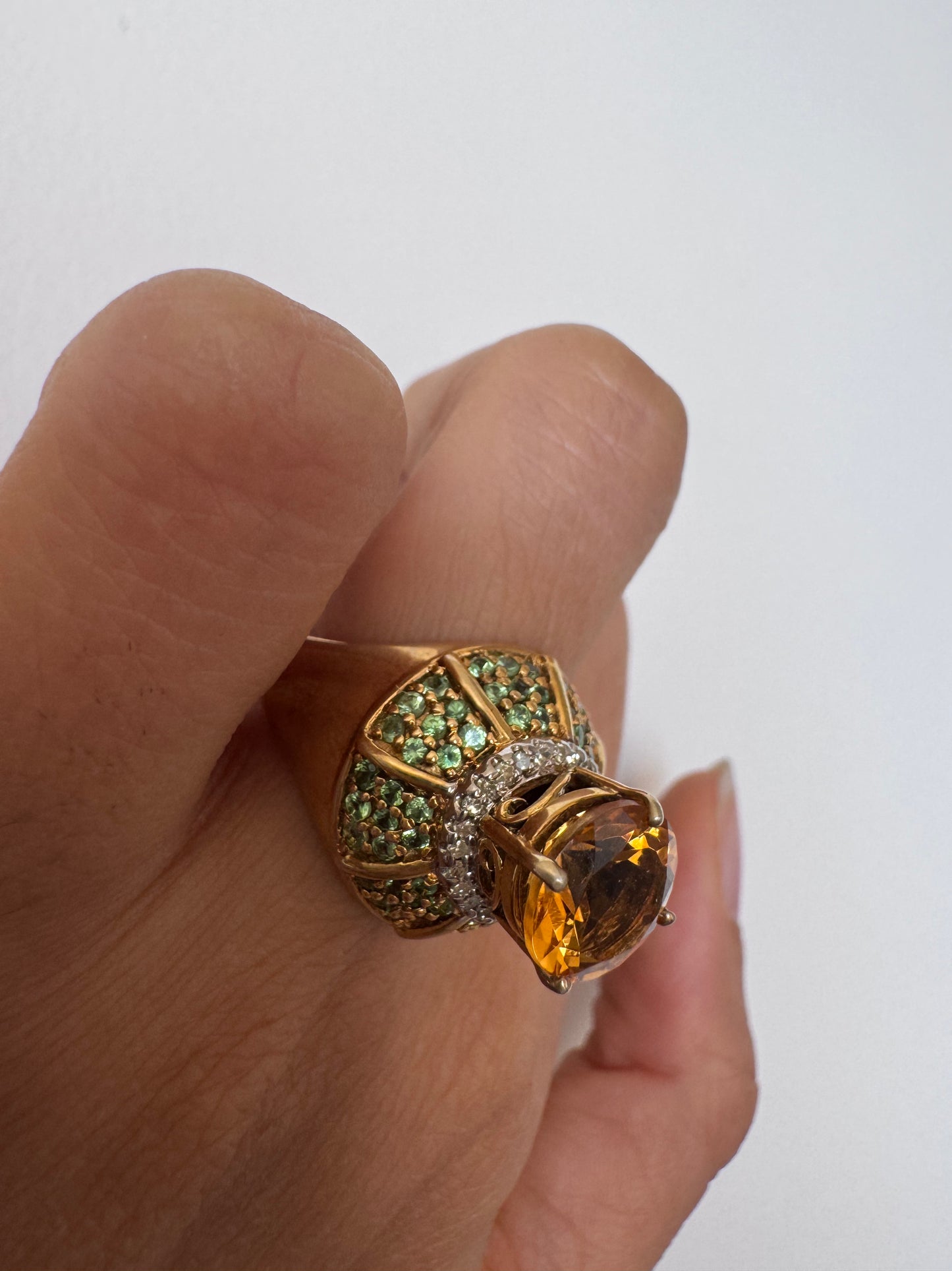 Citrine Round & Tsavorite Round Shape Ring with Diamond Round Genuine Gemstone in 925 Sterling Silver