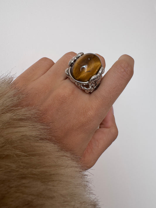 Tiger Eye Cab Oval Shape Ring with Labradorite Cab Heart Genuine Gemstone in 925 Sterling Silver