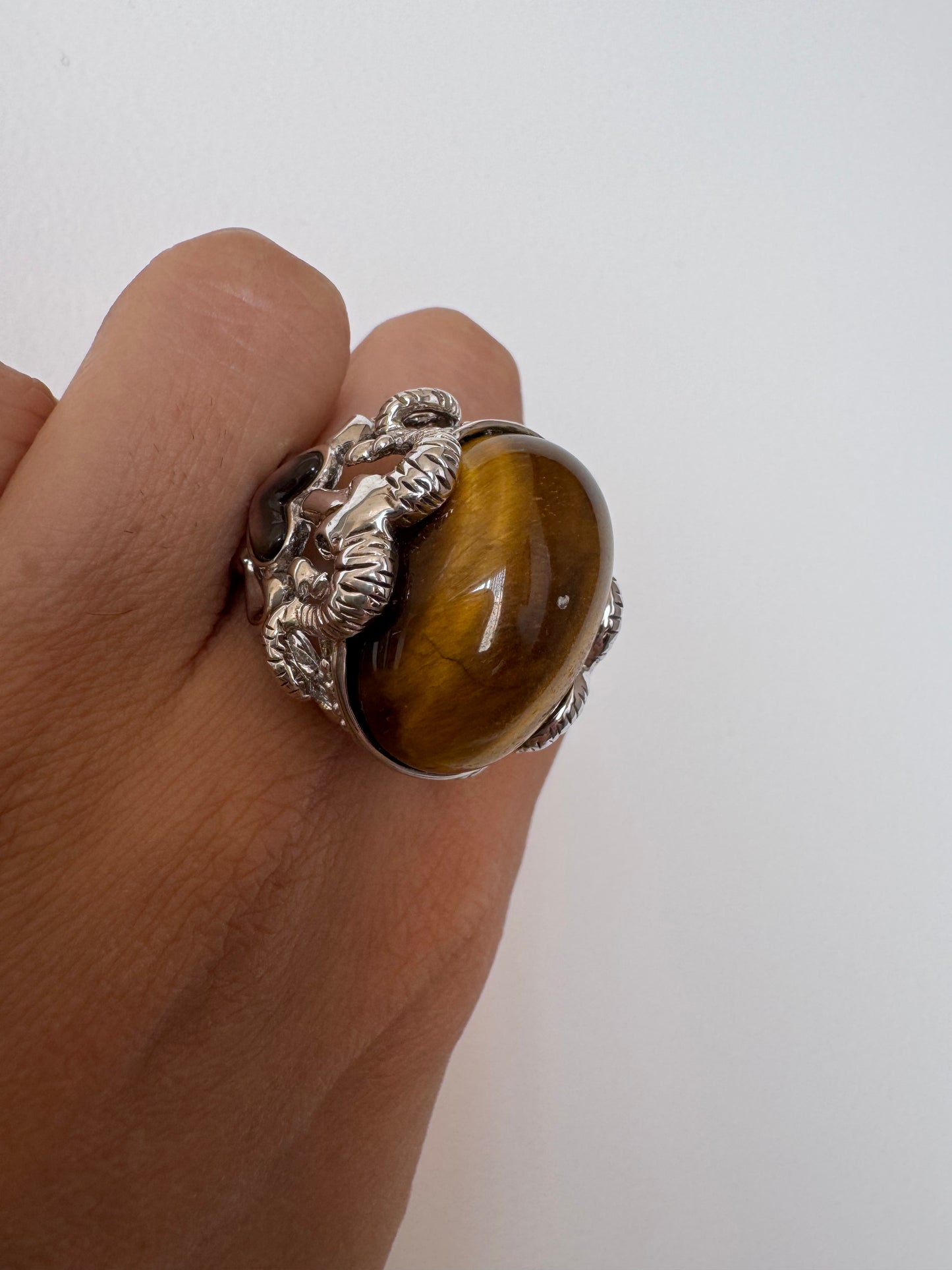 Tiger Eye Cab Oval Shape Ring with Labradorite Cab Heart Genuine Gemstone in 925 Sterling Silver