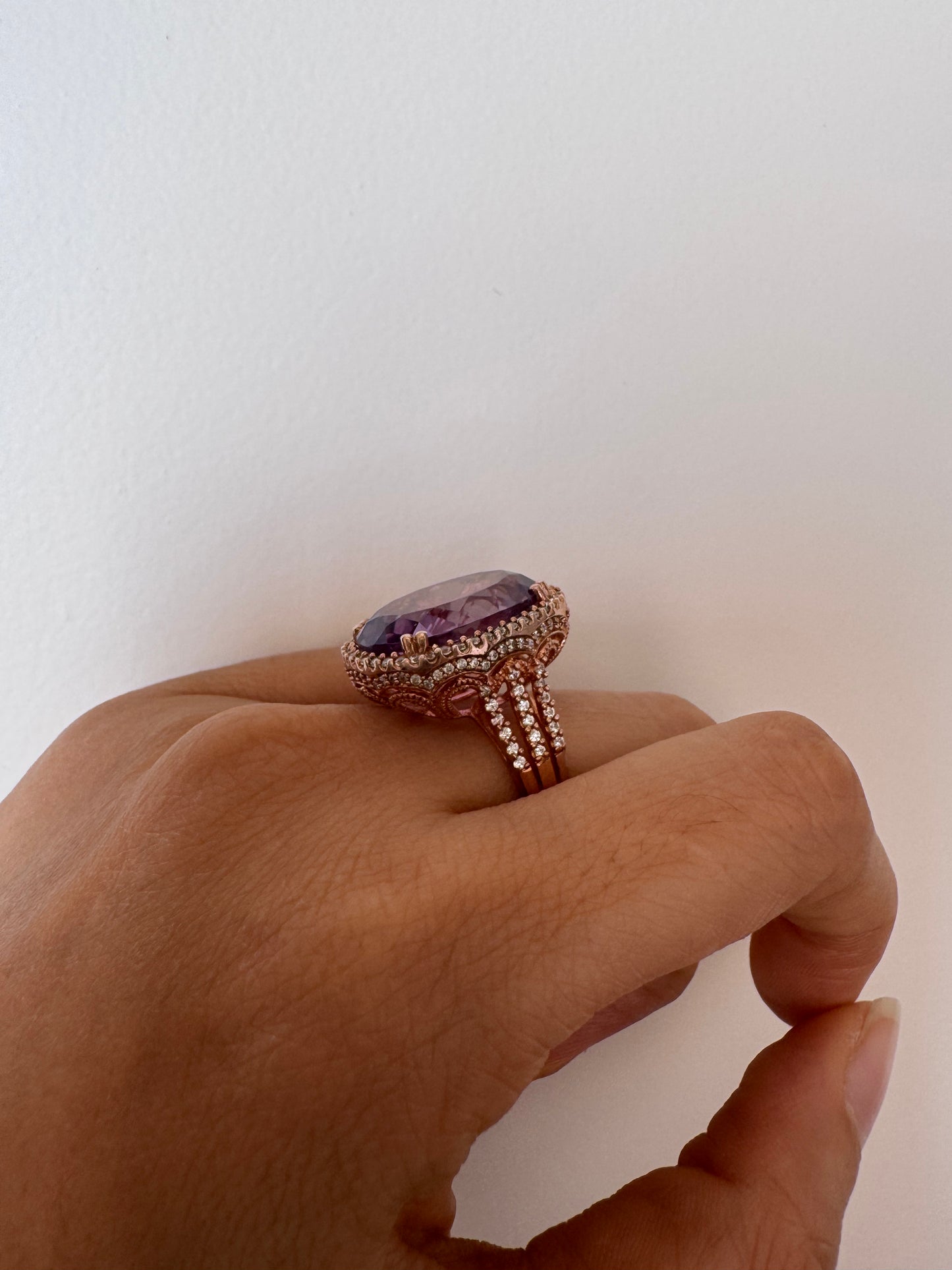 Kai Amethyst Oval Shape Ring with White Natural Zircon Round Genuine Gemstone in 925 Sterling Silver