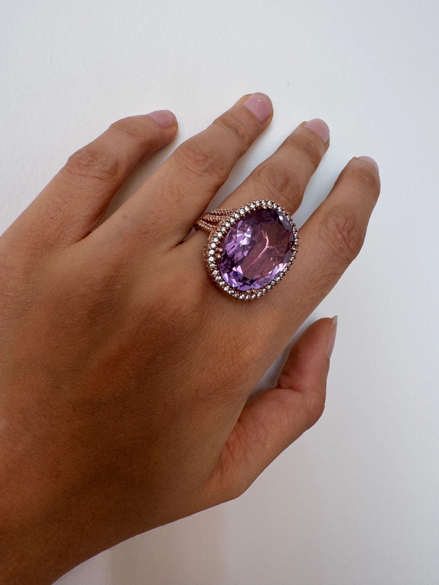 Kai Amethyst Oval Shape Ring with White Natural Zircon Round Genuine Gemstone in 925 Sterling Silver