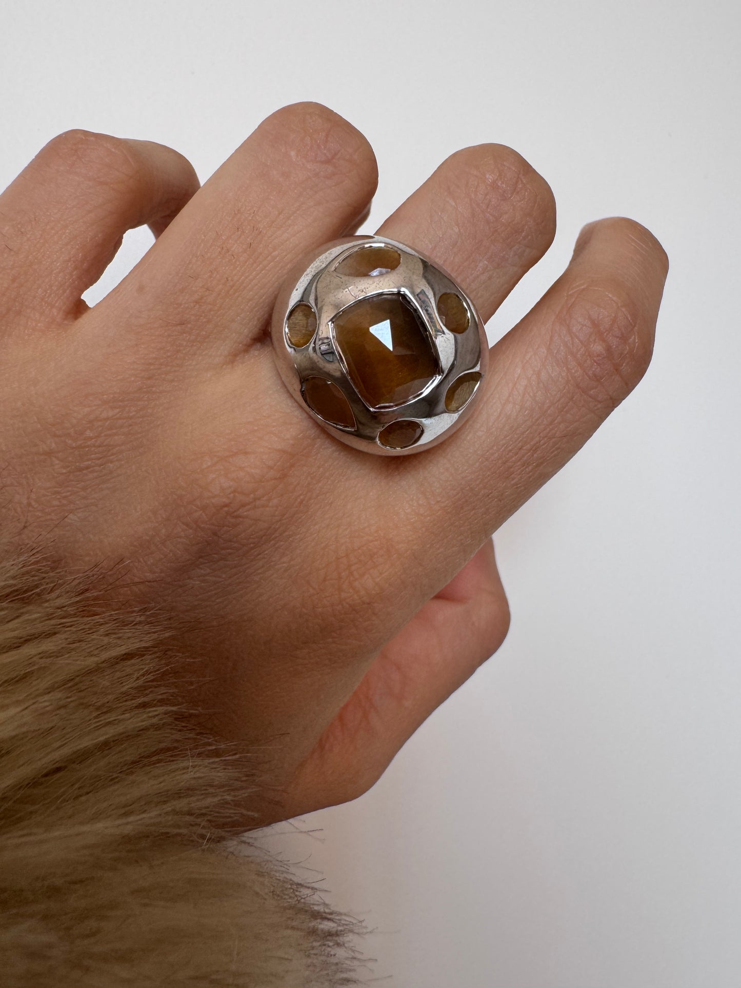 Tiger Eye Rose Cut Cushion Shape Ring with Sunstone Pear & Round Shape Genuine Gemstone in 925 Sterling Silver