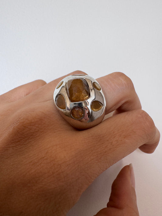 Tiger Eye Rose Cut Cushion Shape Ring with Sunstone Pear & Round Shape Genuine Gemstone in 925 Sterling Silver