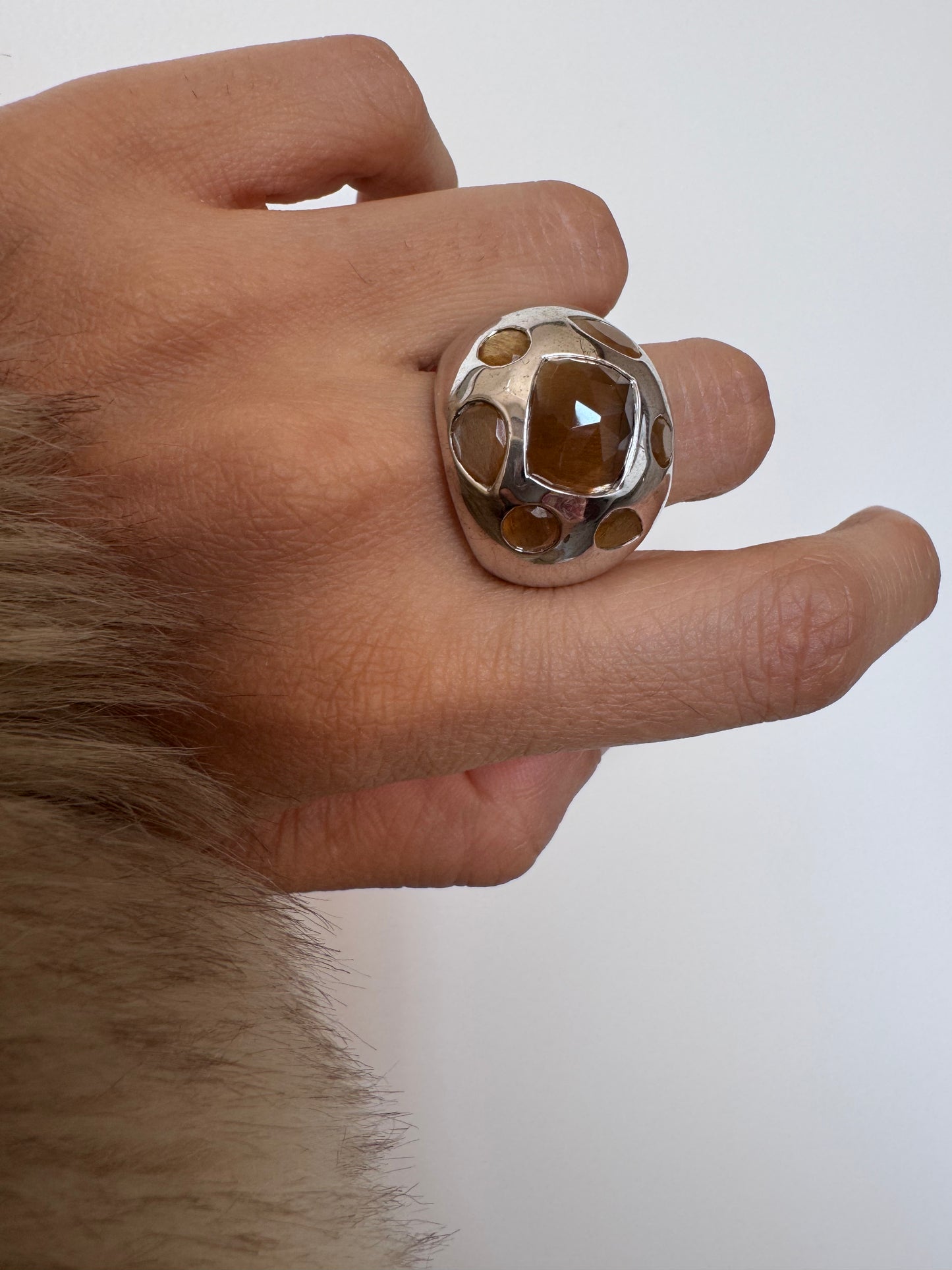 Tiger Eye Rose Cut Cushion Shape Ring with Sunstone Pear & Round Shape Genuine Gemstone in 925 Sterling Silver