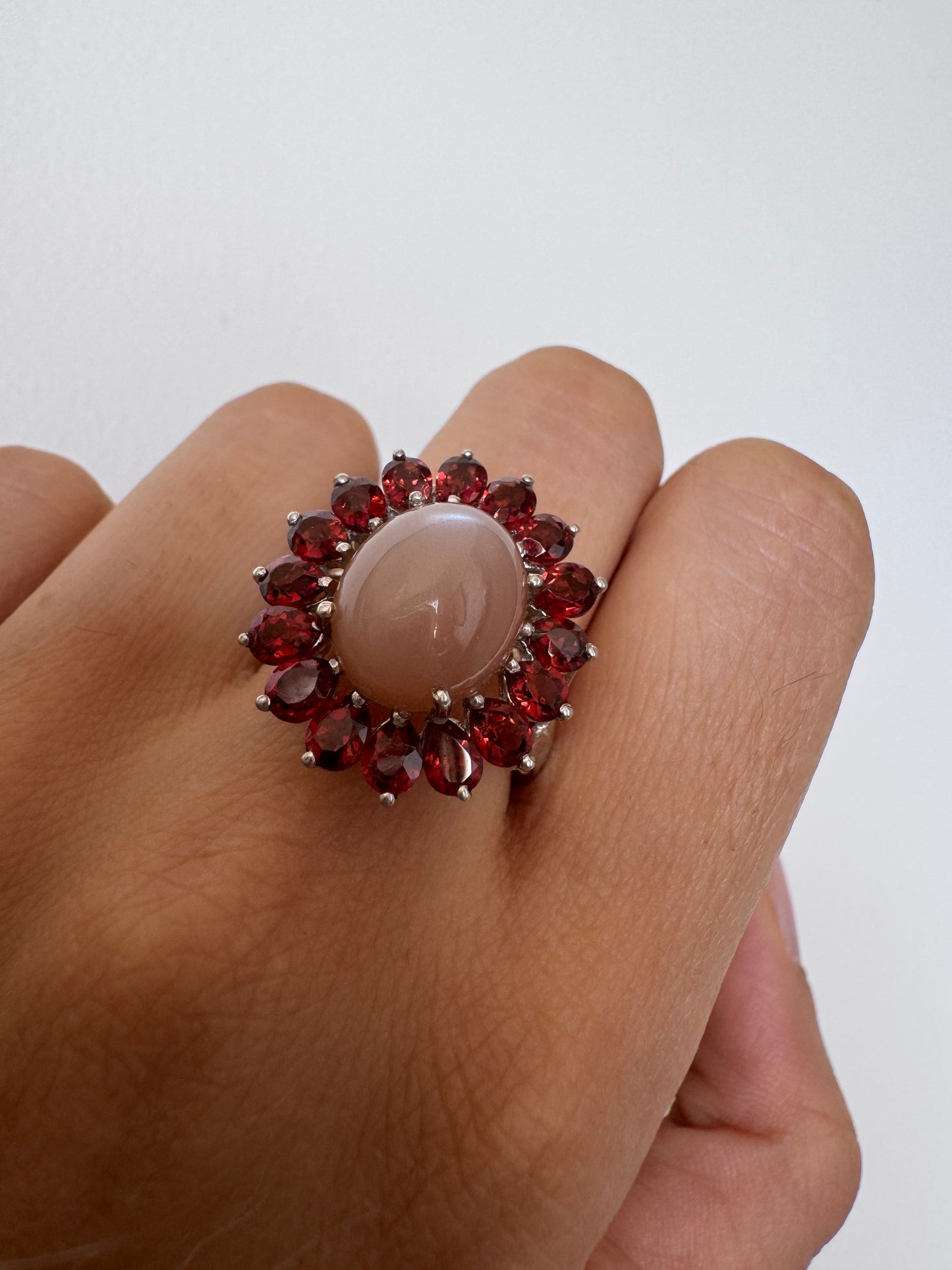 Chocalate Moonstone Cab Oval Shape Ring with Red Garnet Pear Genuine Gemstone in 925 Sterling Silver