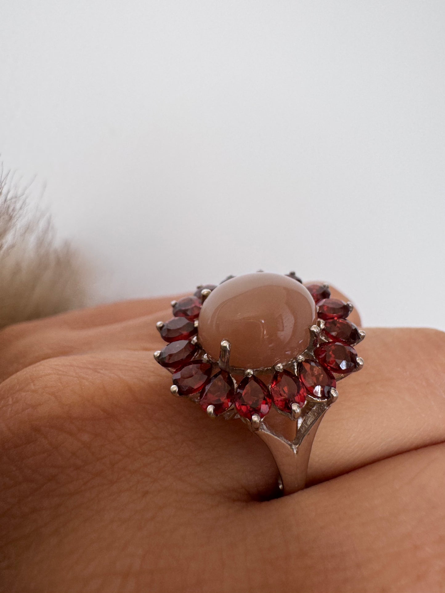 Chocalate Moonstone Cab Oval Shape Ring with Red Garnet Pear Genuine Gemstone in 925 Sterling Silver