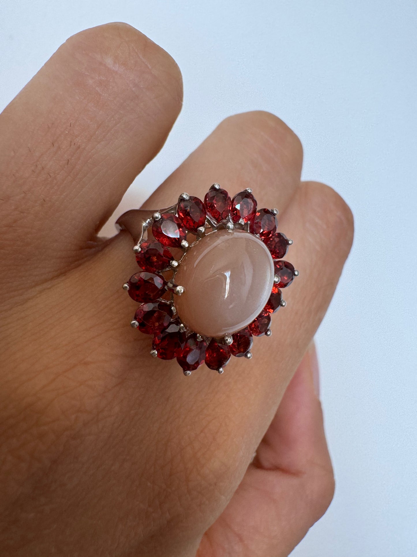 Chocalate Moonstone Cab Oval Shape Ring with Red Garnet Pear Genuine Gemstone in 925 Sterling Silver