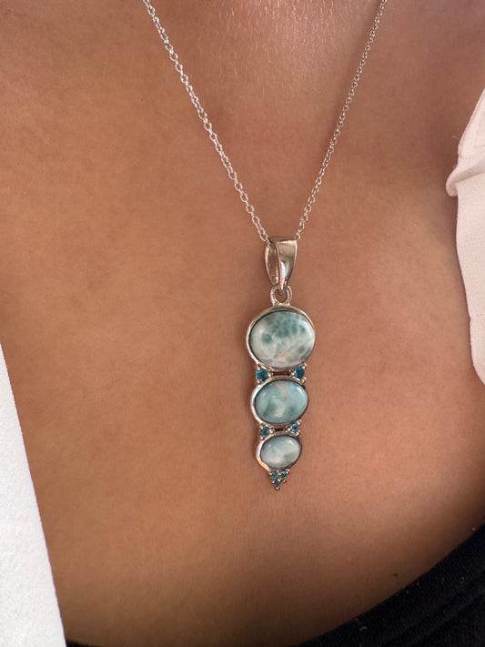 Larimar Cabochon Oval Shape Pendant with Neon Apatite Round Genuine Gemstone in 925 Sterling Silver