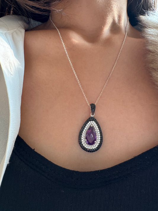 Amethyst Double Sided Checkerboard Pear Shape Pendant with Black Spinel & White Natural Zircon Round Genuine Gemstone in 925 Sterling Silver