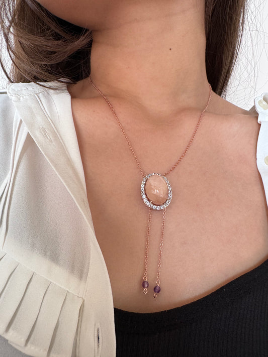 Morganite Cabochon Oval & Amethyst Beads Shape Pendant with White Natural Zircon Round Genuine Gemstone in 925 Sterling Silver