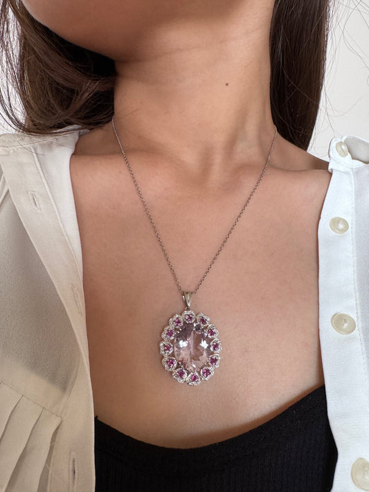 Pink Amethyst Oval & Rhodolite Trillion Shape Pendant with White Topaz Round Genuine Gemstone in 925 Sterling Silver