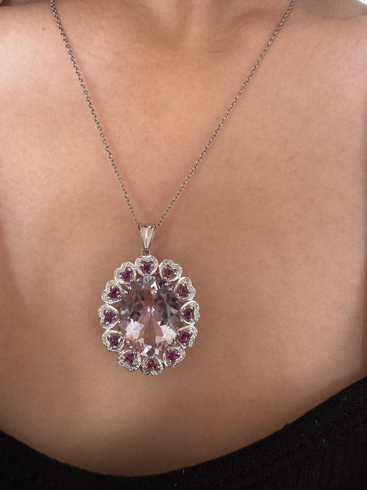 Pink Amethyst Oval & Rhodolite Trillion Shape Pendant with White Topaz Round Genuine Gemstone in 925 Sterling Silver