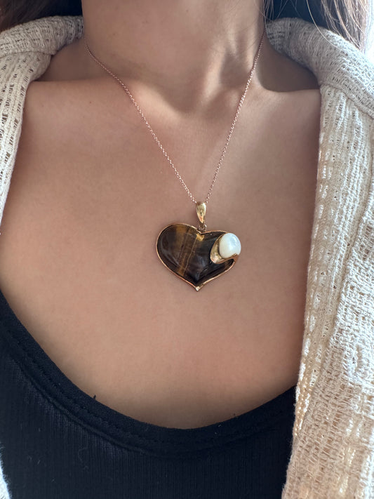 Tiger Eye Cabochon Heart Shape Pendant with White Moon Stone Fancy Genuine Gemstone in 925 Sterling Silver