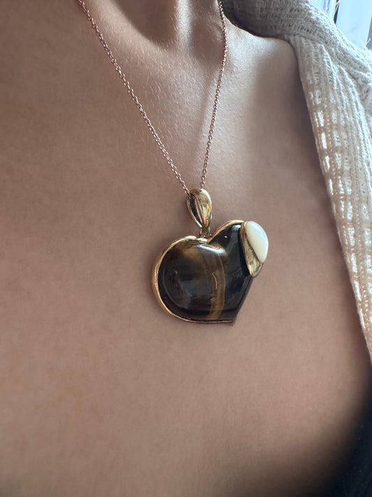 Tiger Eye Cabochon Heart Shape Pendant with White Moon Stone Fancy Genuine Gemstone in 925 Sterling Silver