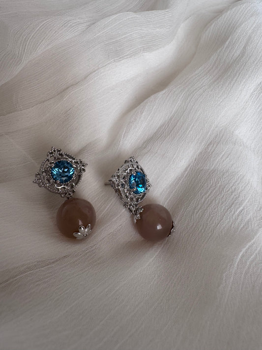 Grey Moonstone Cabochon Ball Shape Earrings with Swiss Blue Topaz Round Genuine Gemstone in 925 Sterling Silver