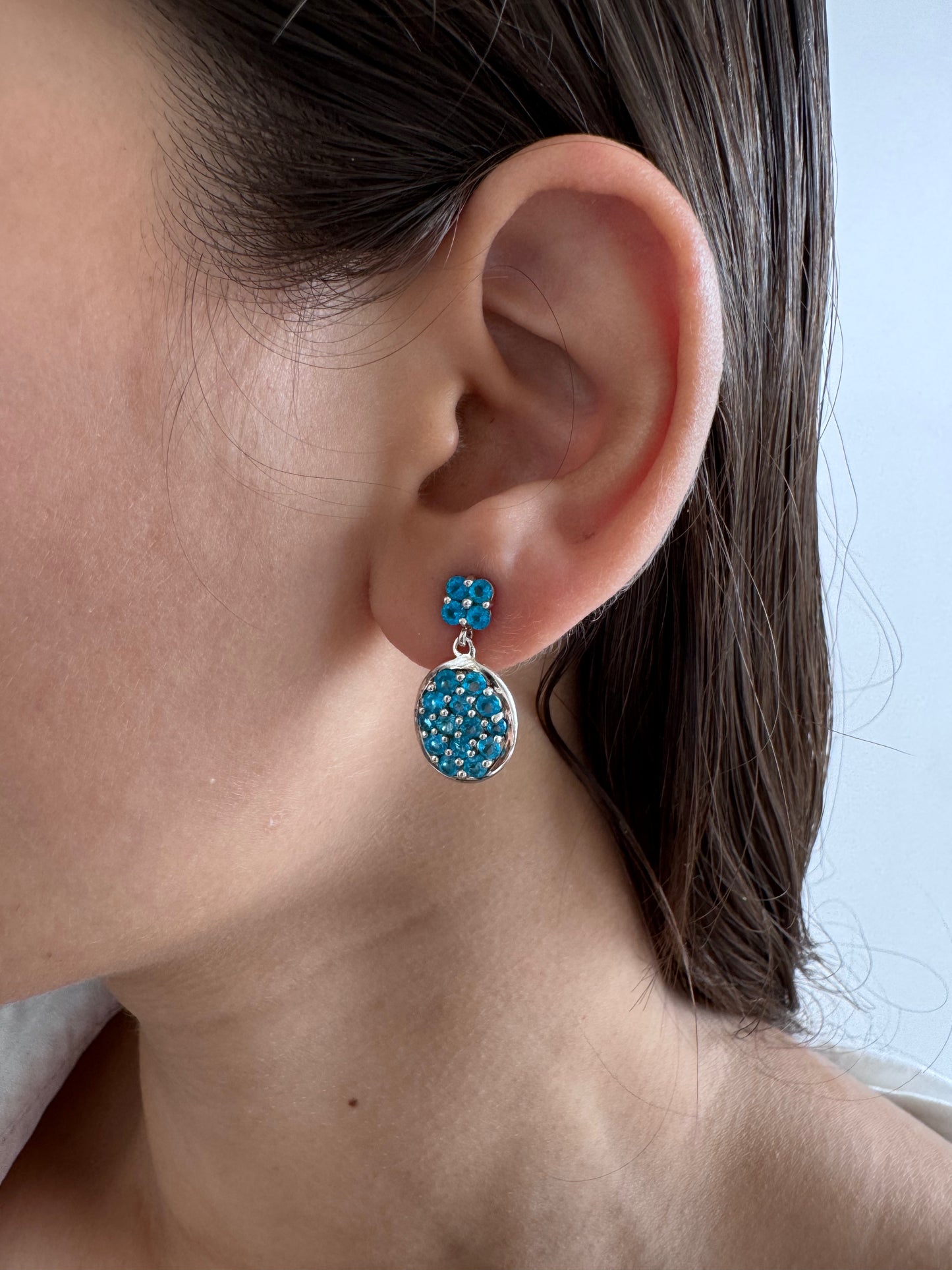 Neon Apatite Round Shape Earrings Genuine Gemstone in 925 Sterling Silver