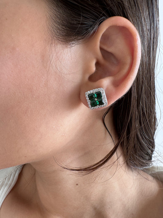 Green Tourmaline Square Shape Earrings with White Natural Zircon Round Genuine Gemstone in 925 Sterling Silver