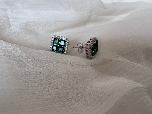 Green Tourmaline Square Shape Earrings with White Natural Zircon Round Genuine Gemstone in 925 Sterling Silver