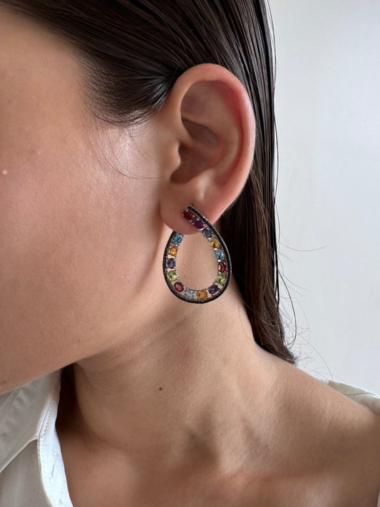 Multicolored Stones Oval Shape Earrings with Black Spinel Round Genuine Gemstone in 925 Sterling Silver