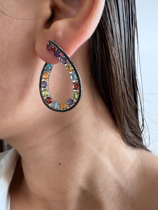 Multicolored Stones Oval Shape Earrings with Black Spinel Round Genuine Gemstone in 925 Sterling Silver