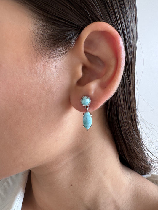 Larimar Cabochon Marquise & Round Shape Earrings Genuine Gemstone in 925 Sterling Silver